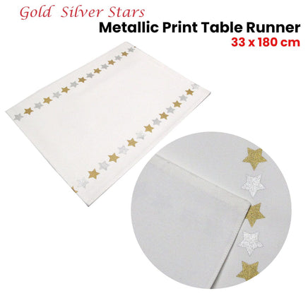 Silver Gold Stars Cotton Metallic Print Table Runner 33 x 180 cm Home & Garden Kings Warehouse 