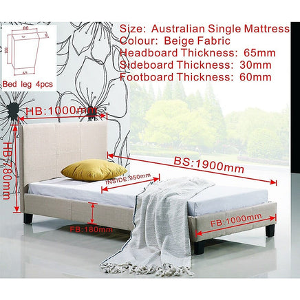 Single Linen Fabric Bed Frame Beige Furniture Kings Warehouse 