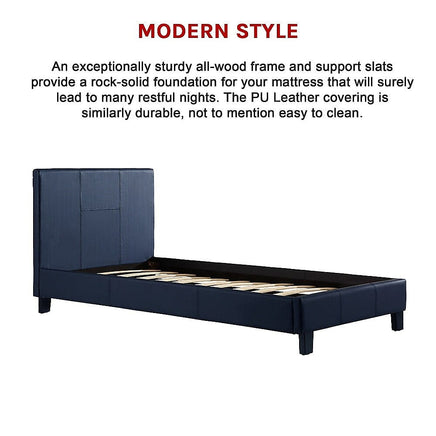 Single PU Leather Bed Frame Blue Furniture Kings Warehouse 