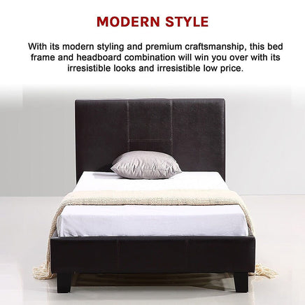 Single PU Leather Bed Frame Brown Furniture Kings Warehouse 