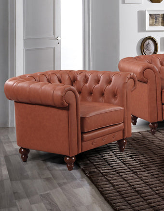 Single Seater Brown Sofa Lounge Button Tufted in Faux Leather Furniture Kings Warehouse 