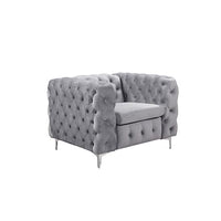 Single Seater Grey Sofa Classic Armchair Button Tufted in Velvet Fabric with Metal Legs Furniture Kings Warehouse 