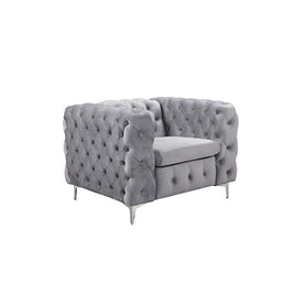 Single Seater Grey Sofa Classic Armchair Button Tufted in Velvet Fabric with Metal Legs Furniture Kings Warehouse