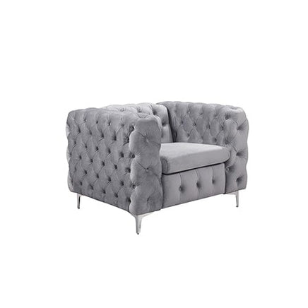 Single Seater Grey Sofa Classic Armchair Button Tufted in Velvet Fabric with Metal Legs Furniture Kings Warehouse 