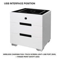 Smart Bedside Tables Finger Print Lock Side 3 Drawers Wireless Charging USB Nightstand LED AU Furniture Kings Warehouse 