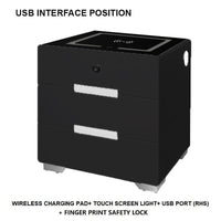 Smart Bedside Tables Finger Print Lock Side 3 Drawers Wireless Charging USB Nightstand LED AU Furniture Kings Warehouse 