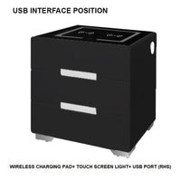 Smart Bedside Tables Side 3 Drawers Wireless Charging USB Left Hand Nightstand LED Light AU Black Furniture Kings Warehouse 