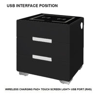 Smart Bedside Tables Side 3 Drawers Wireless Charging USB Right Hand Nightstand LED Light AU Black