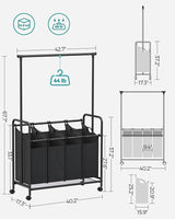 SONGMICS 4-Bag Laundry Sorter Rolling Cart with Hanging Bar Heavy-Duty Wheels Black RLS44B Kings Warehouse 