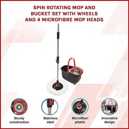Spin Rotating Mop and Bucket Set with Wheels and 4 Microfibre Mop Heads Commercial Kings Warehouse 