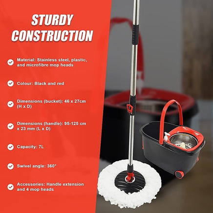 Spin Rotating Mop and Bucket Set with Wheels and 4 Microfibre Mop Heads Commercial Kings Warehouse 