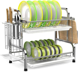 Stainless Steel 2-Tier Dish Drying Rack with Utensil Holder, Cutting Board Holder and Dish Drainer for Kitchen Counter (Silver) Kings Warehouse 