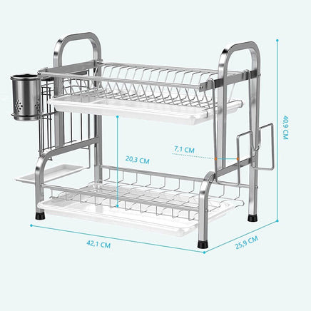 Stainless Steel 2-Tier Dish Drying Rack with Utensil Holder, Cutting Board Holder and Dish Drainer for Kitchen Counter (Silver) Kings Warehouse 