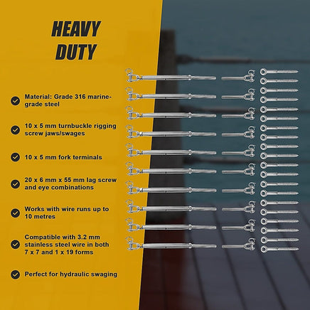 Stainless Steel Wire Rope DIY Balustrade Kit Jaw/Swage Fork Turnbuckle - 10 pack Home & Garden Kings Warehouse 