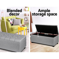 Storage Ottoman Blanket Box 97cm Button Linen Grey Furniture Kings Warehouse 