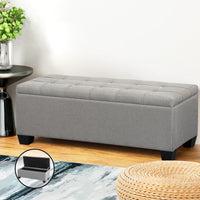 Storage Ottoman Blanket Box 97cm Button Linen Grey Furniture Kings Warehouse 