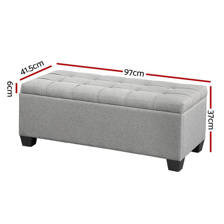 Storage Ottoman Blanket Box 97cm Button Linen Grey Furniture Kings Warehouse 
