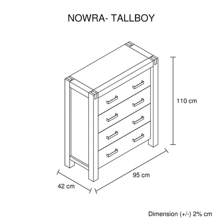 Tallboy with 4 Storage Drawers Solid Wooden Assembled in Oak Colour Furniture Kings Warehouse 