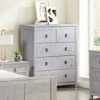 Tallboy with 5 Storage Drawers in Cloud White Ash Color with Solid Acacia Wooden Frame Furniture Kings Warehouse 