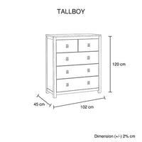 Tallboy with 5 Storage Drawers in Cloud White Ash Color with Solid Acacia Wooden Frame Furniture Kings Warehouse 