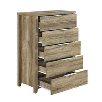 Tallboy with 5 Storage Drawers Natural Wood like MDF in Oak Colour Furniture Kings Warehouse 