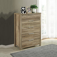 Tallboy with 5 Storage Drawers Natural Wood like MDF in Oak Colour Furniture Kings Warehouse 