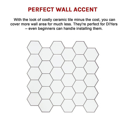 Tiles 3D Peel and Stick Wall Tile Hexagon White (30cm x 30cm x 10 sheets) Home & Garden Kings Warehouse 