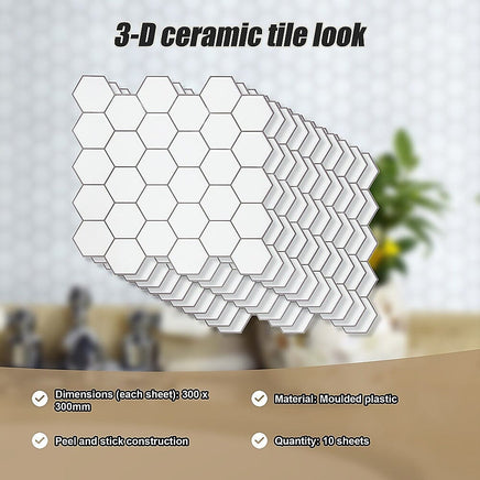 Tiles 3D Peel and Stick Wall Tile Hexagon White (30cm x 30cm x 10 sheets) Home & Garden Kings Warehouse 