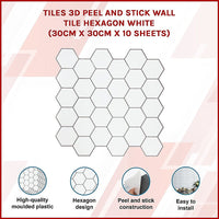 Tiles 3D Peel and Stick Wall Tile Hexagon White (30cm x 30cm x 10 sheets) Home & Garden Kings Warehouse 