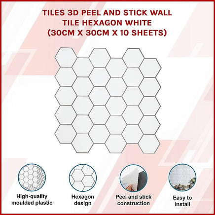 Tiles 3D Peel and Stick Wall Tile Hexagon White (30cm x 30cm x 10 sheets) Home & Garden Kings Warehouse 