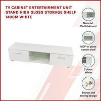 TV Cabinet Entertainment Unit Stand High Gloss Storage Shelf 140cm White Furniture Kings Warehouse 