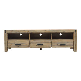 TV Cabinet with 3 Storage Drawers with Shelf Solid Acacia Wooden Frame Entertainment Unit in Oak Colour Furniture Kings Warehouse
