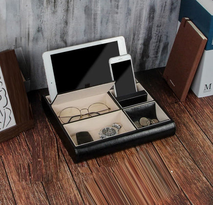 Valet Tray Leather Multi Catch Storage Box for Jewellery Accessories, Keys, Phone, Wallet, Coin, Jewellery (Black) Kings Warehouse 