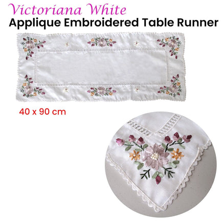 Victoriana White Applique Embroidered Table Runner 40 x 90 cm Home & Garden Kings Warehouse 
