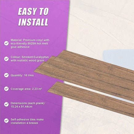 Vinyl Floor Tiles Self Adhesive Flooring Smoked Eucalyptus Wood Grain 16 Pack 2.3SQM Furniture Kings Warehouse 
