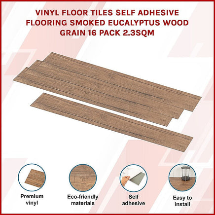 Vinyl Floor Tiles Self Adhesive Flooring Smoked Eucalyptus Wood Grain 16 Pack 2.3SQM Furniture Kings Warehouse 