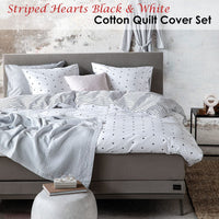 VTWonen Striped Hearts Black & White Cotton Quilt Cover Set Queen Home & Garden Kings Warehouse 