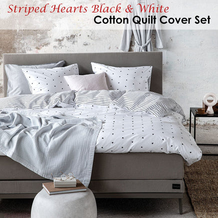 VTWonen Striped Hearts Black & White Cotton Quilt Cover Set Queen Home & Garden Kings Warehouse 
