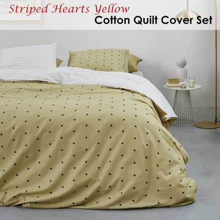 VTWonen Striped Hearts Yellow Cotton Quilt Cover Set Queen Home & Garden Kings Warehouse 