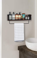 Wall Mount Rustic Wood & Black Metal Bathroom Shelf with Towel Bar Kings Warehouse 