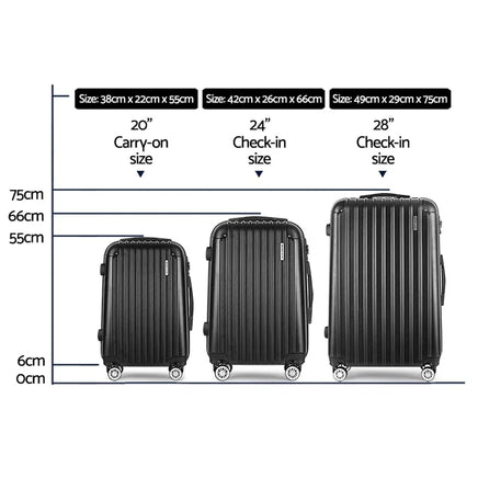 Wanderlite 3 Set Luggage 20-24-28 Inch with Zipper Lock Carry On Hard Shell Travel Suitcase Luggage Case Black Home & Garden Kings Warehouse 