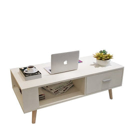 White Coffee Table Storage Drawer & Open Shelf With Wooden Legs Furniture Kings Warehouse 