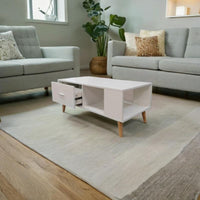 White Coffee Table Storage Drawer & Open Shelf With Wooden Legs Furniture Kings Warehouse 