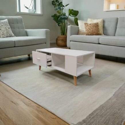 White Coffee Table Storage Drawer & Open Shelf With Wooden Legs Furniture Kings Warehouse 
