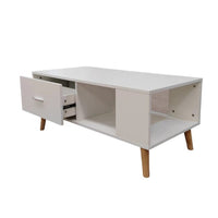 White Coffee Table Storage Drawer & Open Shelf With Wooden Legs Furniture Kings Warehouse 