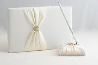 White Wedding Guest Book Register with Silver Pen Matching Stand Set 36 Lined Pages - Ivory Sach Ribbon Cover Kings Warehouse 