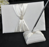 White Wedding Guest Book Register with Silver Pen Matching Stand Set 36 Lined Pages - Ivory Sach Ribbon Cover Kings Warehouse 