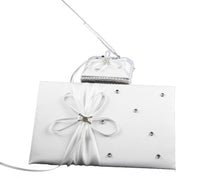 White Wedding Guest Book Register with Silver Pen Matching Stand Set 36 Lined Pages - White Ribbon and Diamante Bow Cover Kings Warehouse 