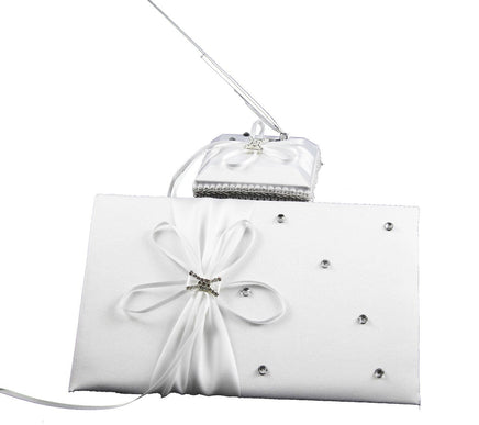 White Wedding Guest Book Register with Silver Pen Matching Stand Set 36 Lined Pages - White Ribbon and Diamante Bow Cover Kings Warehouse 