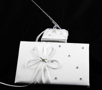 White Wedding Guest Book Register with Silver Pen Matching Stand Set 36 Lined Pages - White Ribbon and Diamante Bow Cover Kings Warehouse 